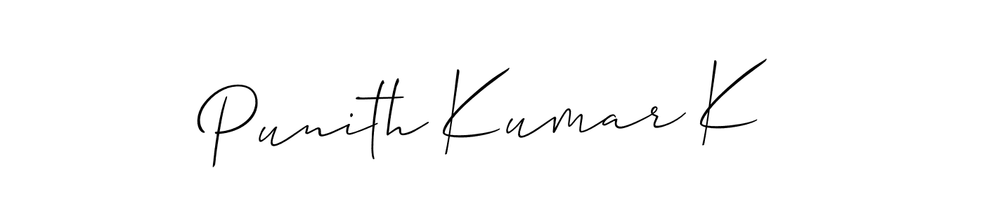 The best way (Allison_Script) to make a short signature is to pick only two or three words in your name. The name Punith Kumar K include a total of six letters. For converting this name. Punith Kumar K signature style 2 images and pictures png